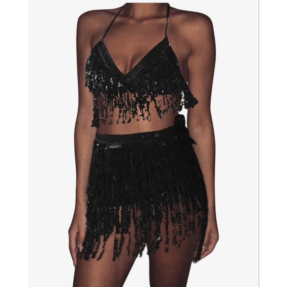 Unbranded Other - NEW Belly Dance Skirt Bra Top Sequins Fringe Skirt Set Rave Dance One Size